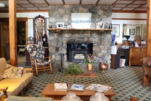 Carlson's Lodge lobby fireplace sitting area rustic homey