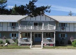 Lodge front entrance building summer flowers